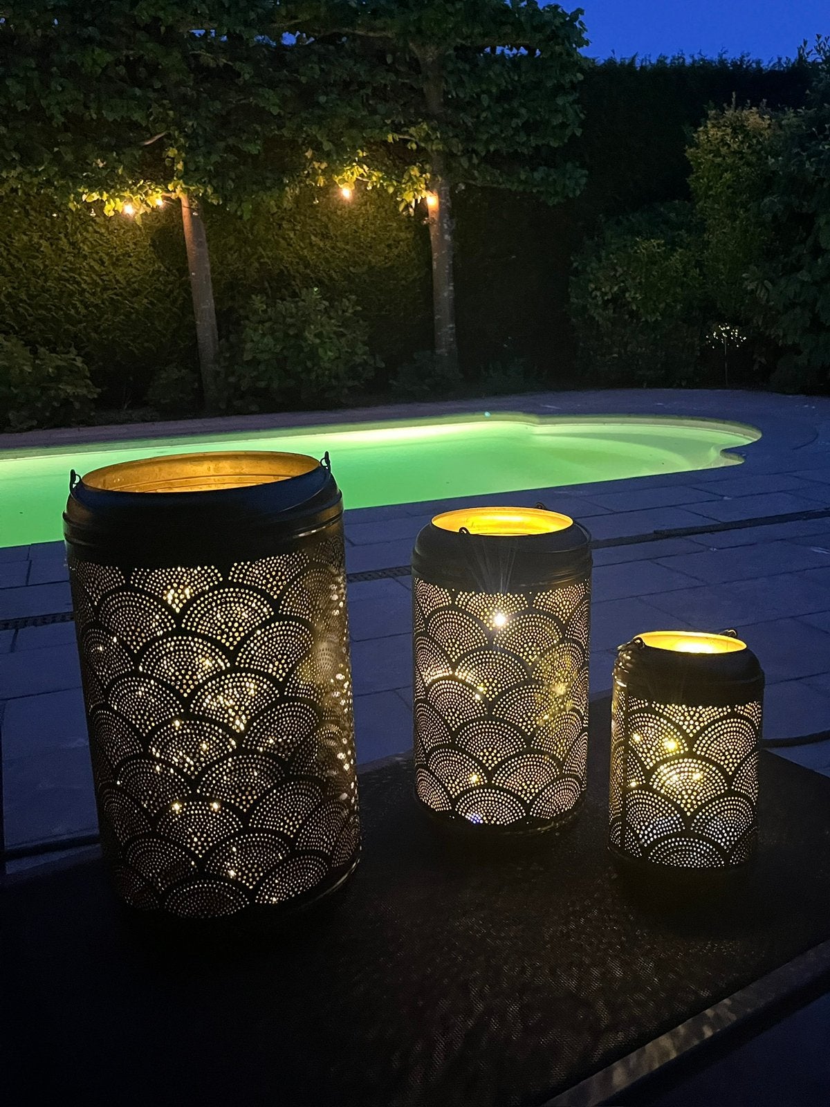 3 zwarte metalen windlichten., Ophalen, Staal, Minder dan 50 watt, Batterij