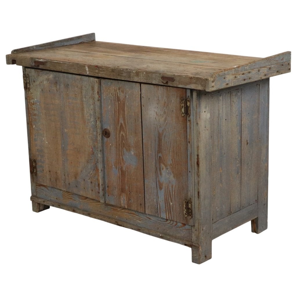 Karaktervolle Oude Blauwe Werkbank Dressoir Uniek 124cm, Ophalen, Gebruikt, 120 tot 170 cm