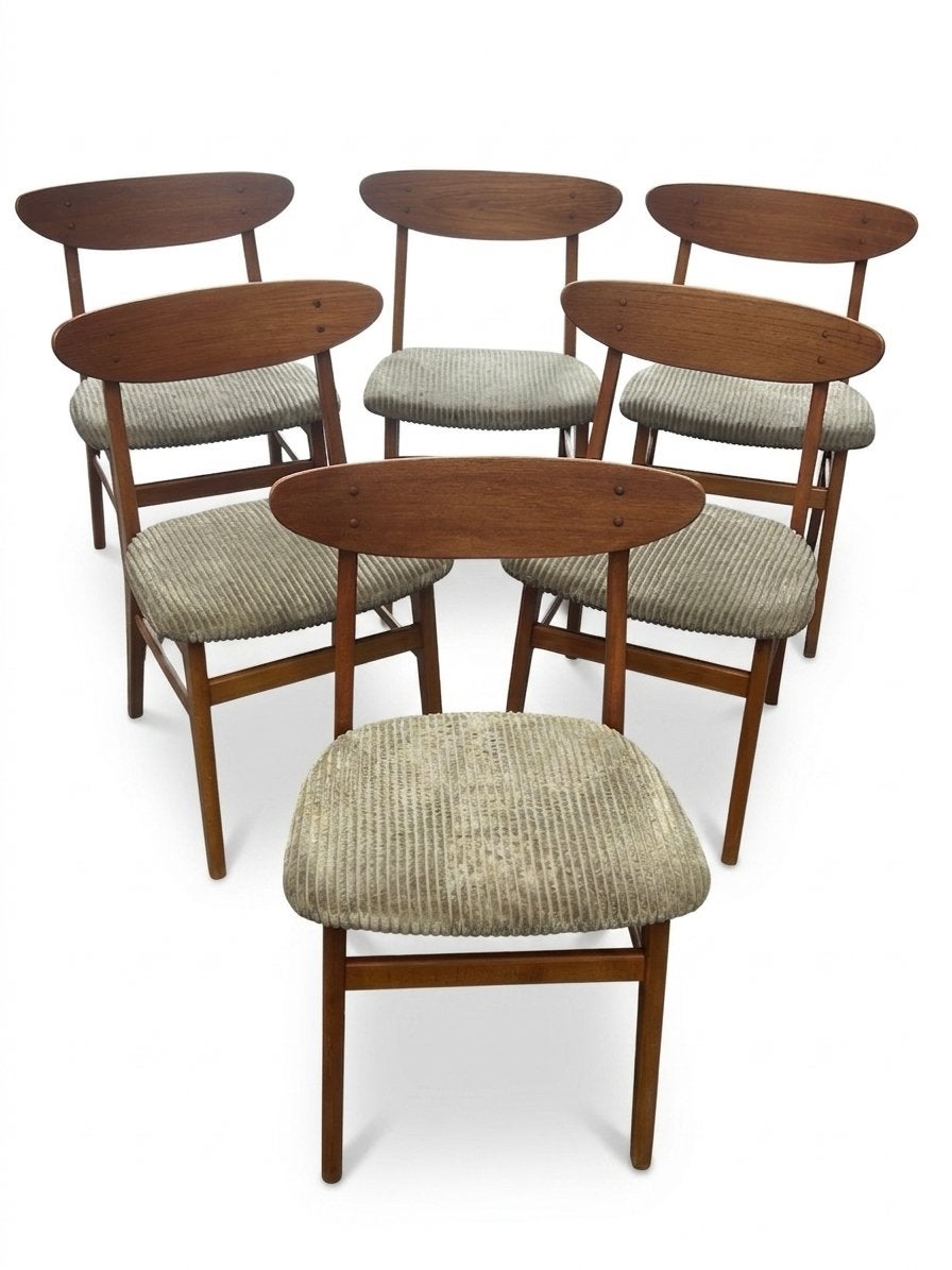6 Deense Farstrup stoelen groene rib teak nieuw gestoffeerd, Gebruikt, Overige kleuren, ., Ophalen of Verzenden