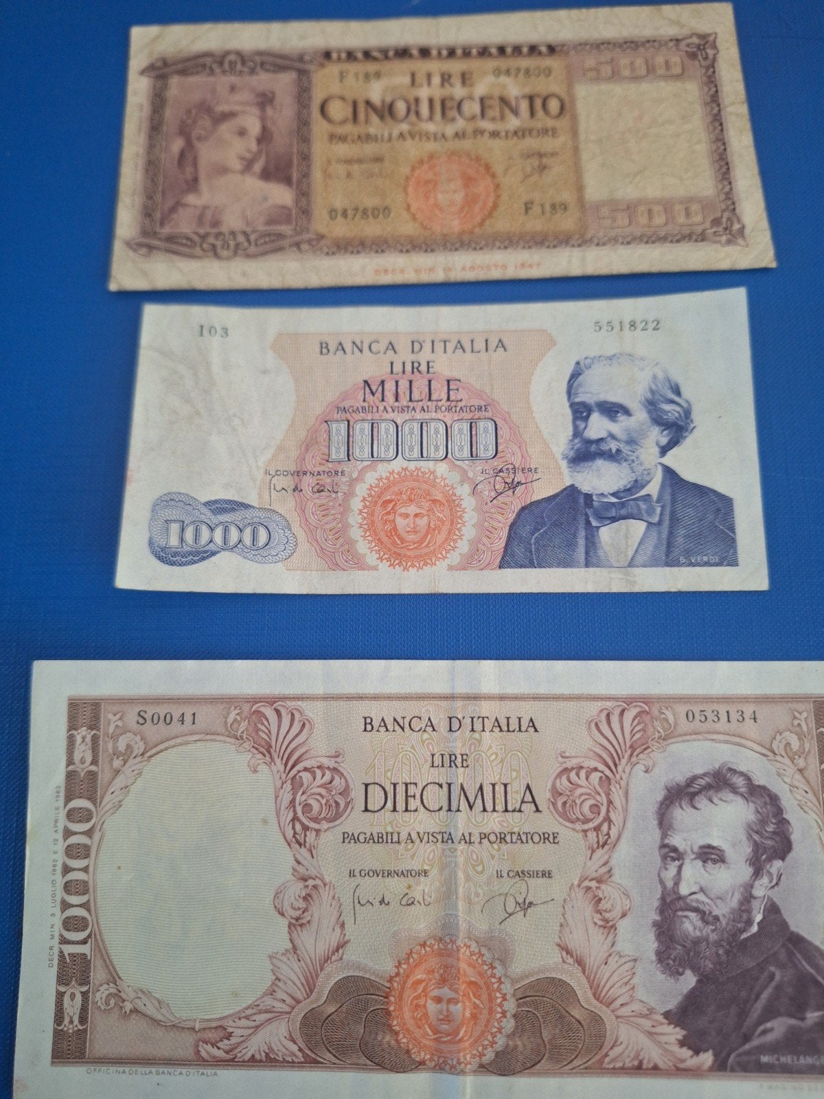 3 Italiaanse biljetten: 500, 1000, 10000 lire (1948, 1962), Postzegels en Munten, Ophalen of Verzenden