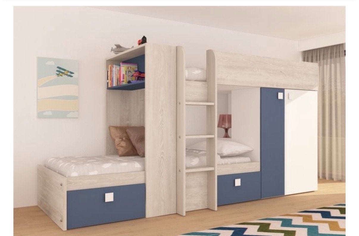 Kinderbed met opbergruimte en bureau - Grijs/Blauw, Ophalen, Gebruikt, Eenpersoons, 160 tot 180 cm