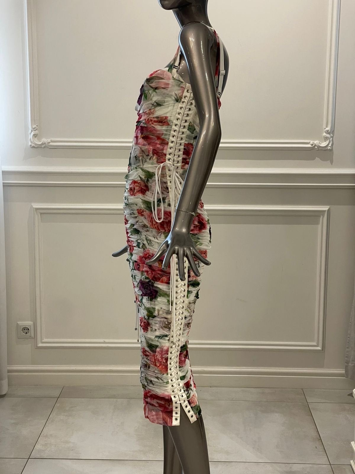 Dolce & Gabbana Bloemenprint Midi Jurk met Veterdetails, Meerkleurig, Nieuw, Ophalen of Verzenden, Maat 36 (S)