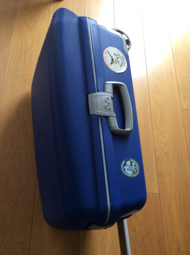 Een blauwe Samsonite koffer, Gebruikt, Hard kunststof, 35 tot 45 cm, Wieltjes