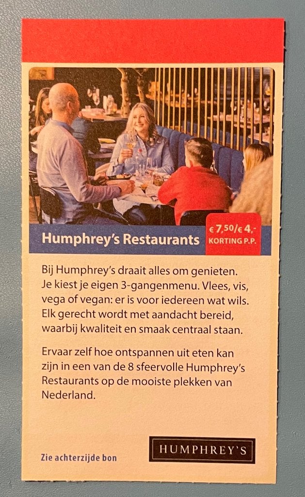 Kortingsbon Humphrey‘s restaurants, Drie personen of meer, Kortingsbon, Overige typen