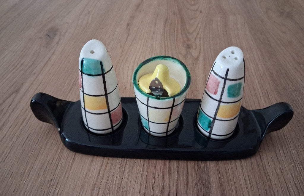 Vintage peper, zout en mosterdstel op schaal, Ophalen of Verzenden, Gebruikt