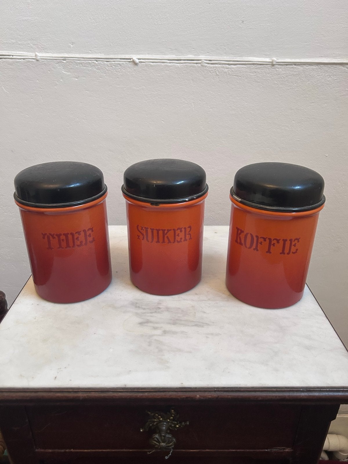 Vintage Emaille Voorraadbussen DRU - Gevlamd Oranje / Rood, Ophalen of Verzenden
