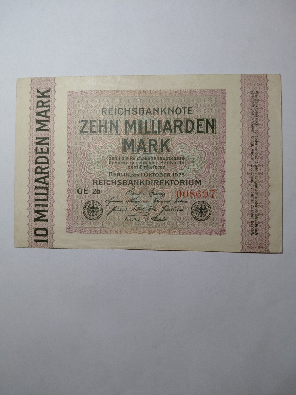 Duitse 10 miljarden mark 1923, Postzegels en Munten, Bankbiljetten | Europa | Niet-Eurobiljetten, Ophalen of Verzenden, Duitsland