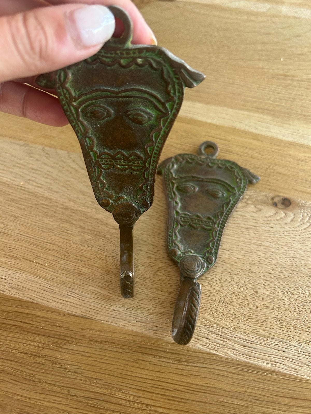 Vintage Messing Wandhaken met Gezichten (Set van 2), Antiek en Kunst, Ophalen of Verzenden