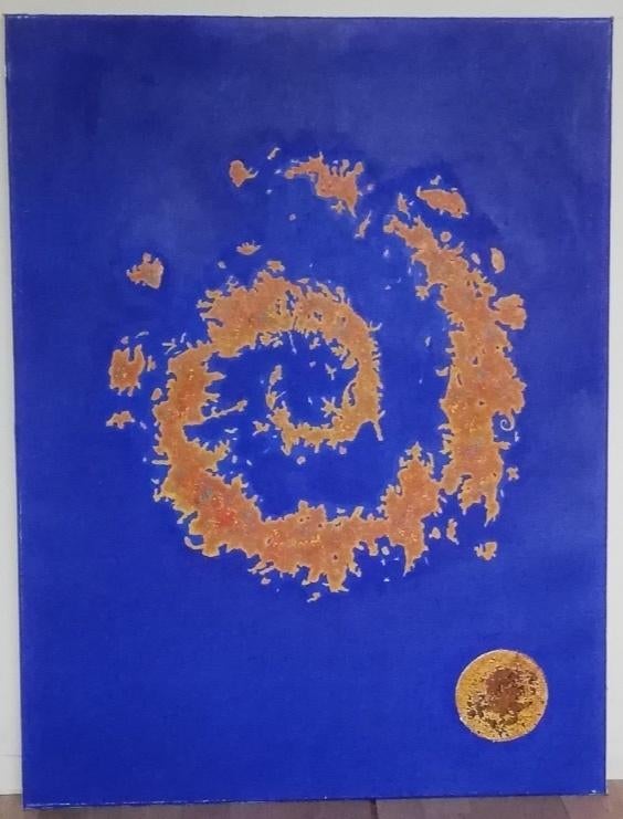 Schilderij blauw met oranje rondje reliëf - R.J.G. Kauffeld, Antiek en Kunst, Kunst | Schilderijen | Modern, Ophalen