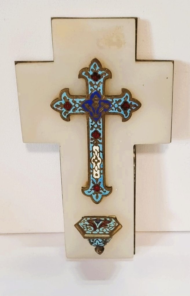 Wijwatervat in email cloisonne met onyx., Ophalen of Verzenden, Zo goed als nieuw, Overige typen, Christendom | Katholiek