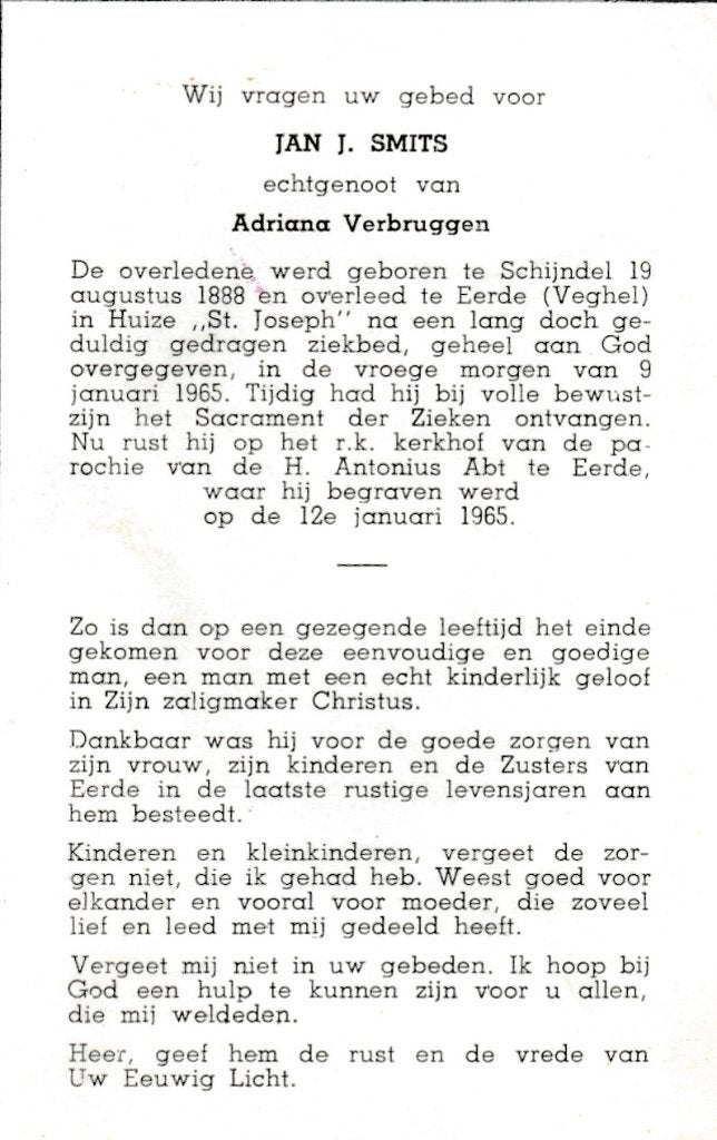 Smits Jan 1888 Schijndel 1965 Eerde, Ophalen of Verzenden, Bidprentje