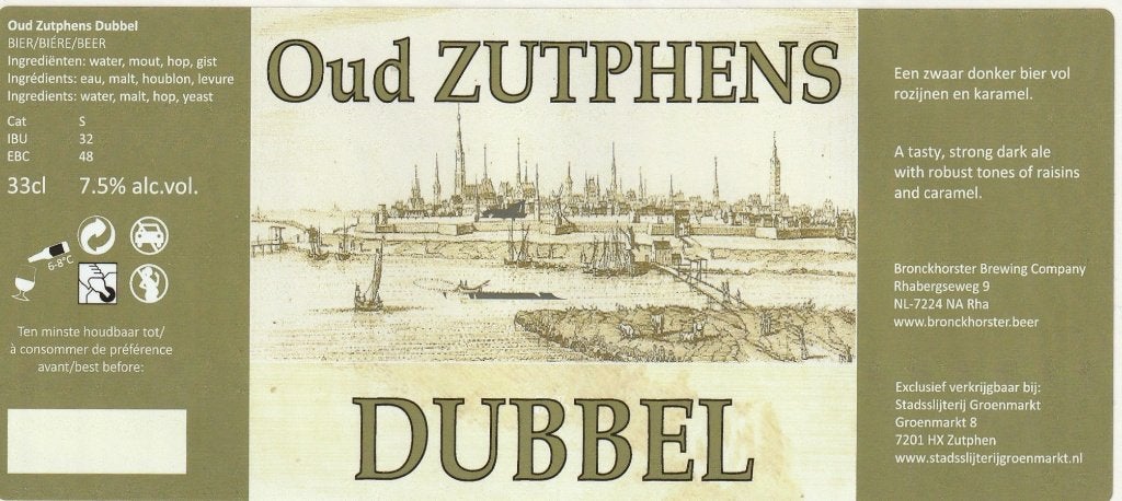 bieretiket Nederland Bronckhorster : Oud Zutphens dubbel, Verzamelen, Verzenden, Nieuw, Overige typen, Overige merken