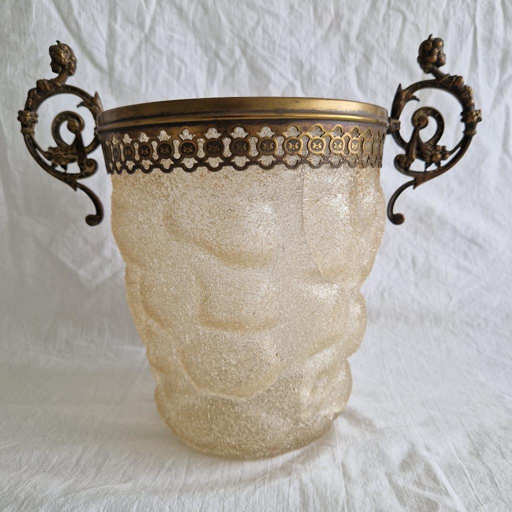 Vintage glazen champagnekoeler met messing sierring #204, Ophalen
