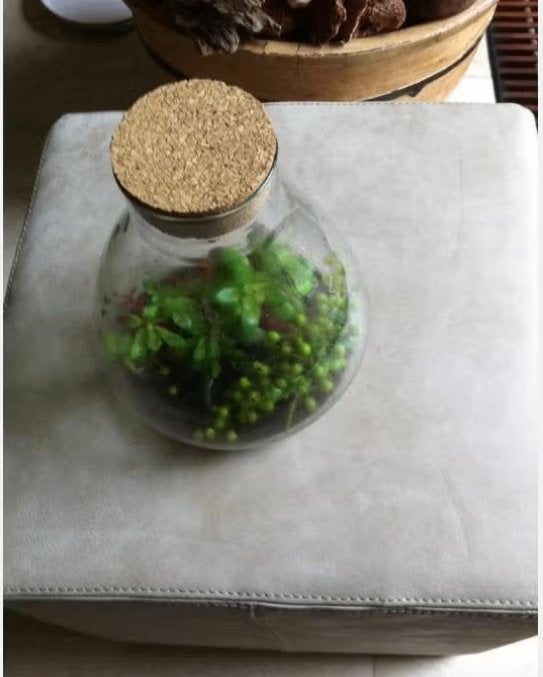 Glazen fles met kurk met kunstplantjes,Br25 H26cm, Ophalen of Verzenden
