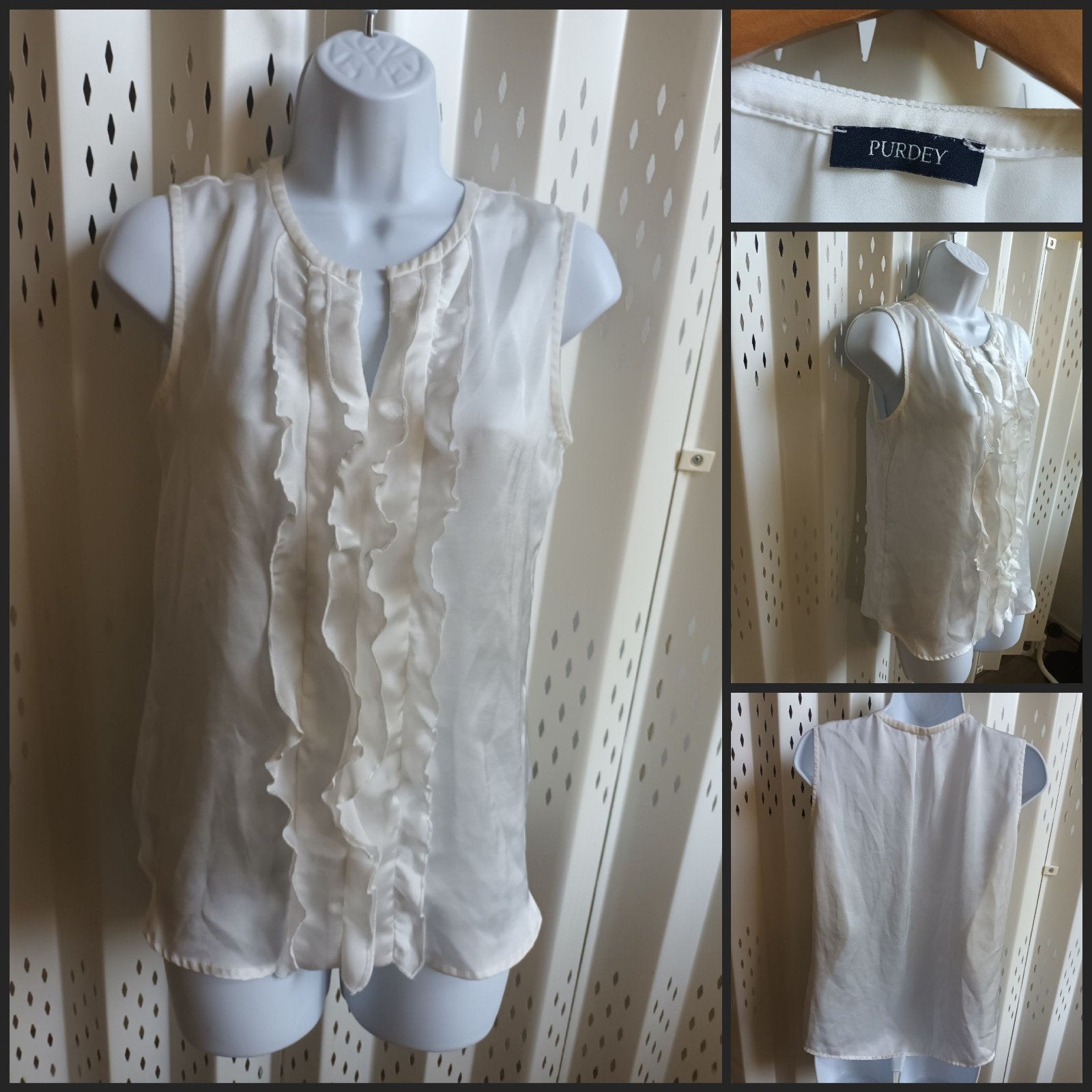 Purdey mouwloze blouse met ruches, maat M, Maat 38/40 (M), Wit, Ophalen of Verzenden, Zo goed als nieuw