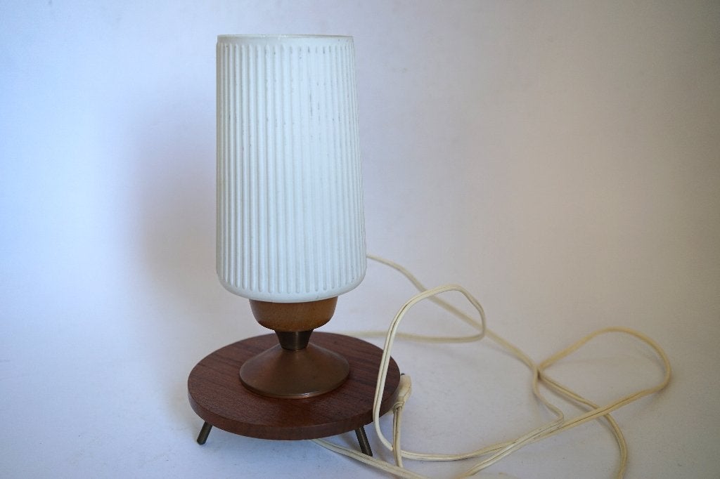vintage tafellamp jaren '50 wit ribbel glas messing teak., Glas, Gebruikt, Overige merken, Vintage
