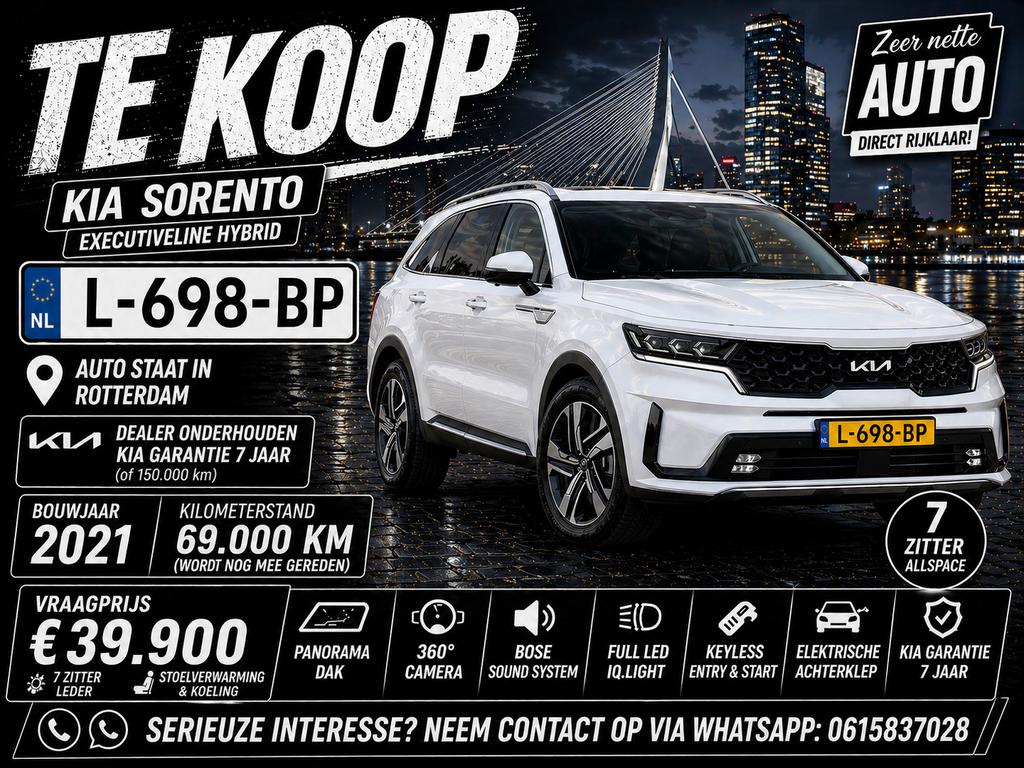 Kia Sorento 1.6 T-gdi 230pk Hybrid Aut 7-zitpl. 2021 Wit, Auto's, 15 km/l, Zwart, 179 pk, Wit