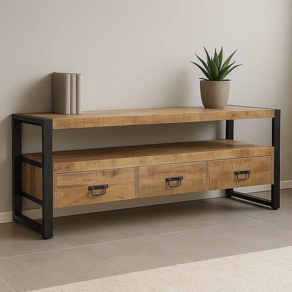 Mangohouten TV Meubel Britt 3 lades 150 cm, Ophalen, Zo goed als nieuw, 25 tot 50 cm, 100 tot 150 cm