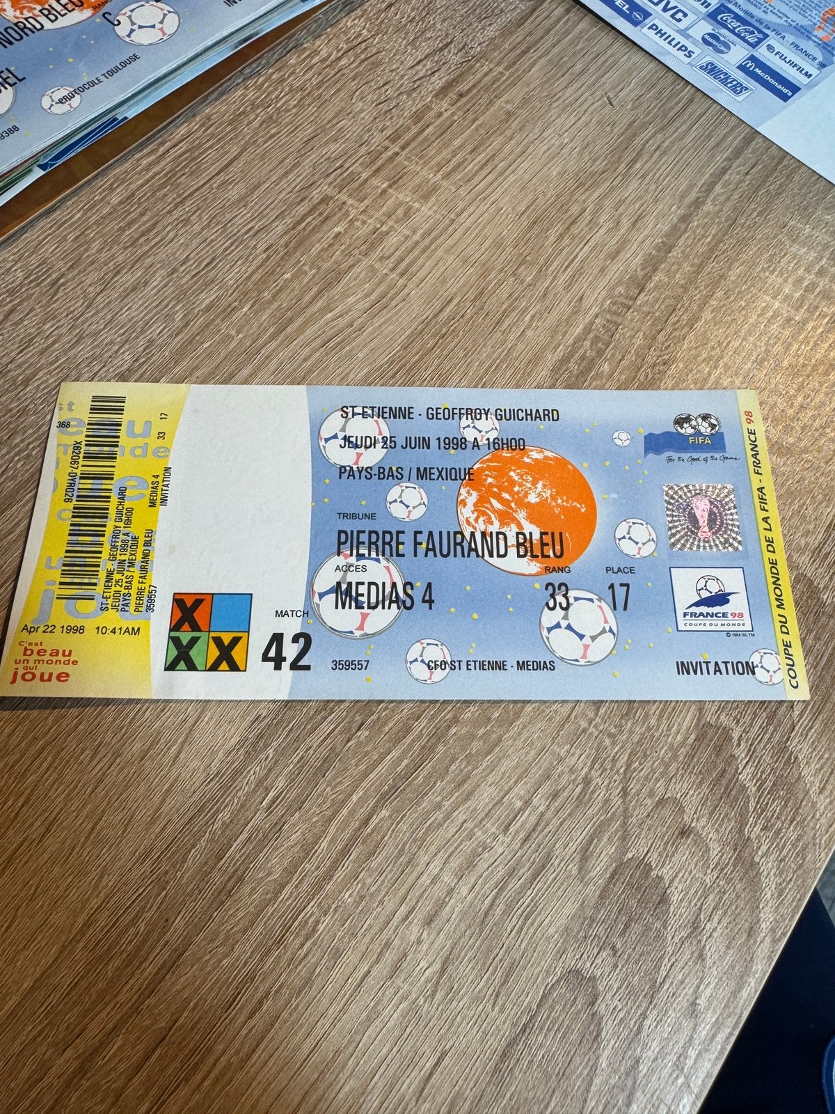 WK98 Nederland - Mexico Ticket, Ophalen of Verzenden, Gebruikt, Overige binnenlandse clubs