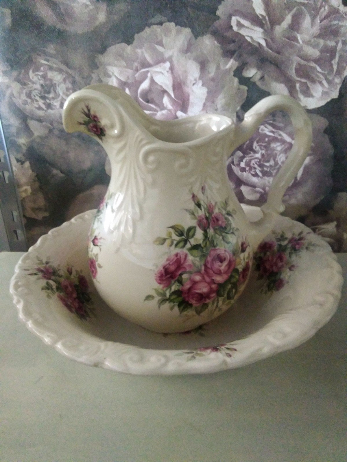 Prachtig Romantisch Engels Lampetstel met Rozen, Antiek en Kunst, Ophalen of Verzenden