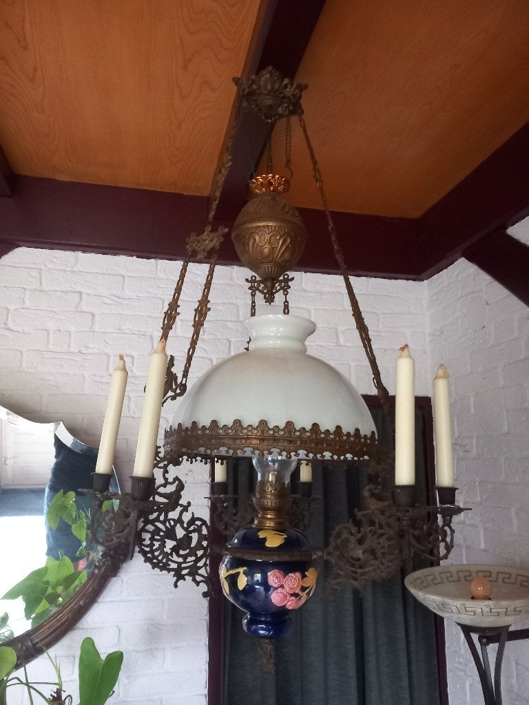 Antieke olielamp met kaarsen, messing en keramiek, Antiek en Kunst, Antiek | Lampen, Ophalen