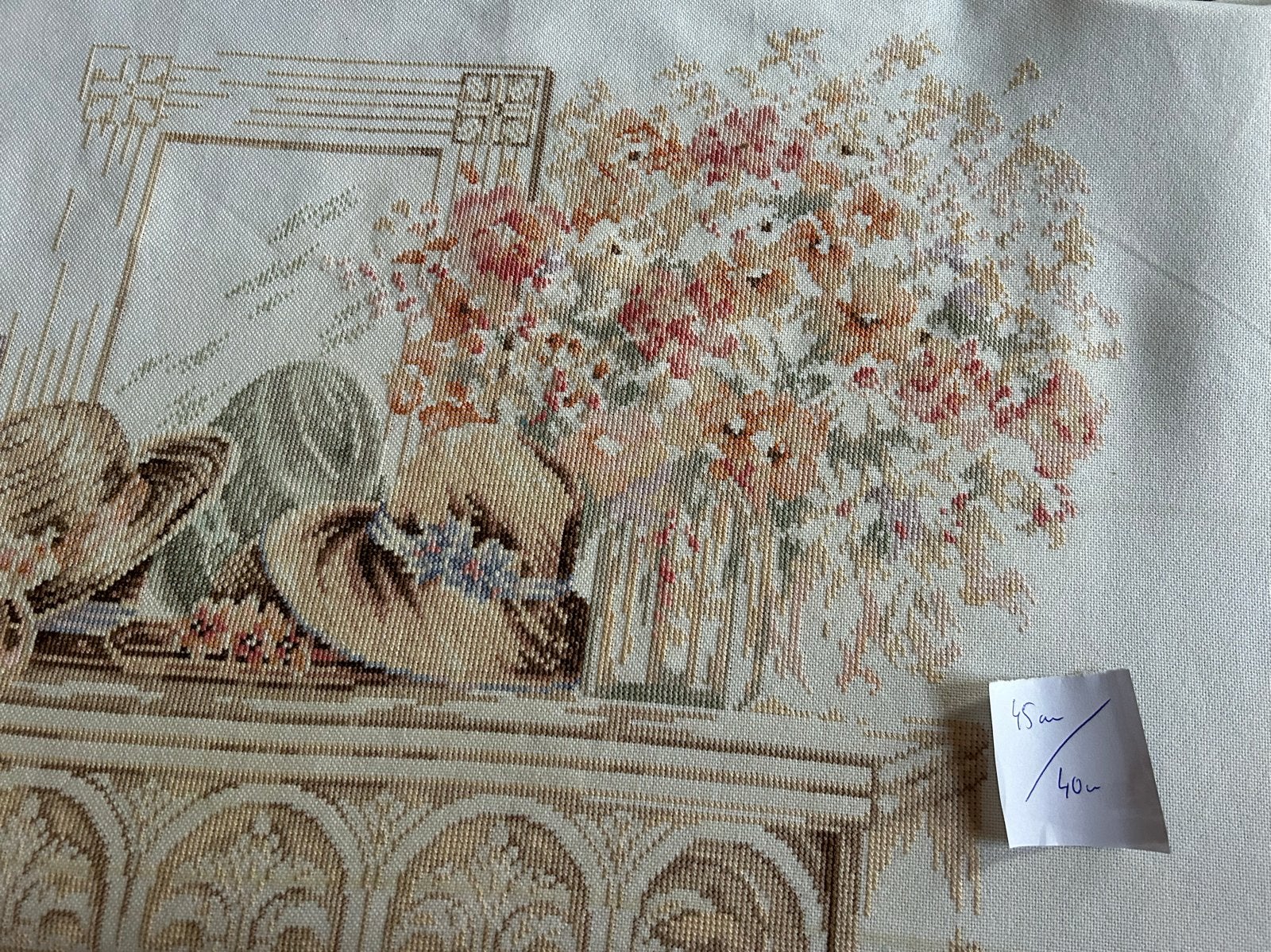 Borduurwerk pastel jaren '90 - Vrouw met bloemen, Ophalen of Verzenden, Gebruikt, Handborduren, Overige typen
