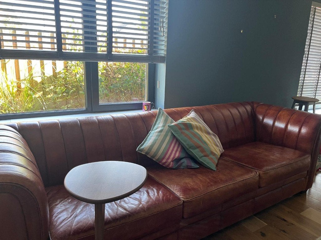 Vintage cognac leren Chesterfield bank, 3-zits, Ophalen, Gebruikt, Vintage, Tweepersoons