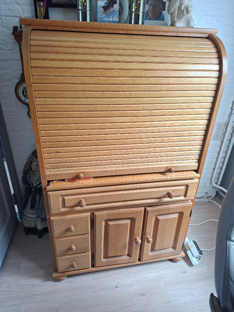 Massief eiken rolluikbureau met opbergruimte, Ophalen, Gebruikt, 70 tot 120 cm, Klassiek, Landelijk