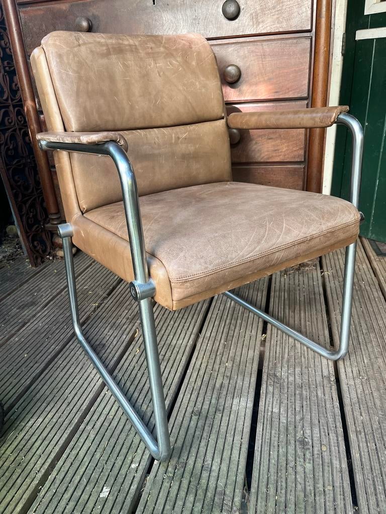 2 Industriële buisframe stoellen Bruin Lederen Bekleding, Ophalen of Verzenden