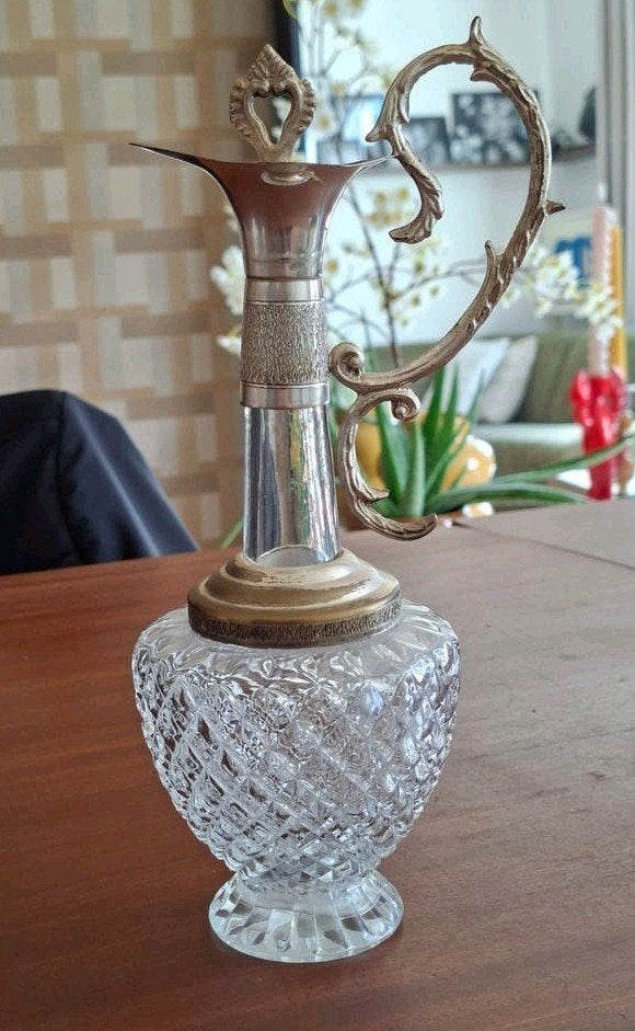 Vintage Glazen Karaf met Metalen Handvat en Stop, Ophalen of Verzenden