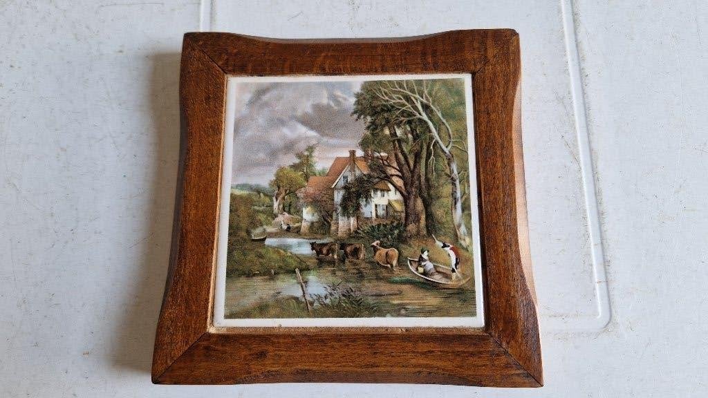 oud tegeltje in oud houten lijst, Ophalen of Verzenden