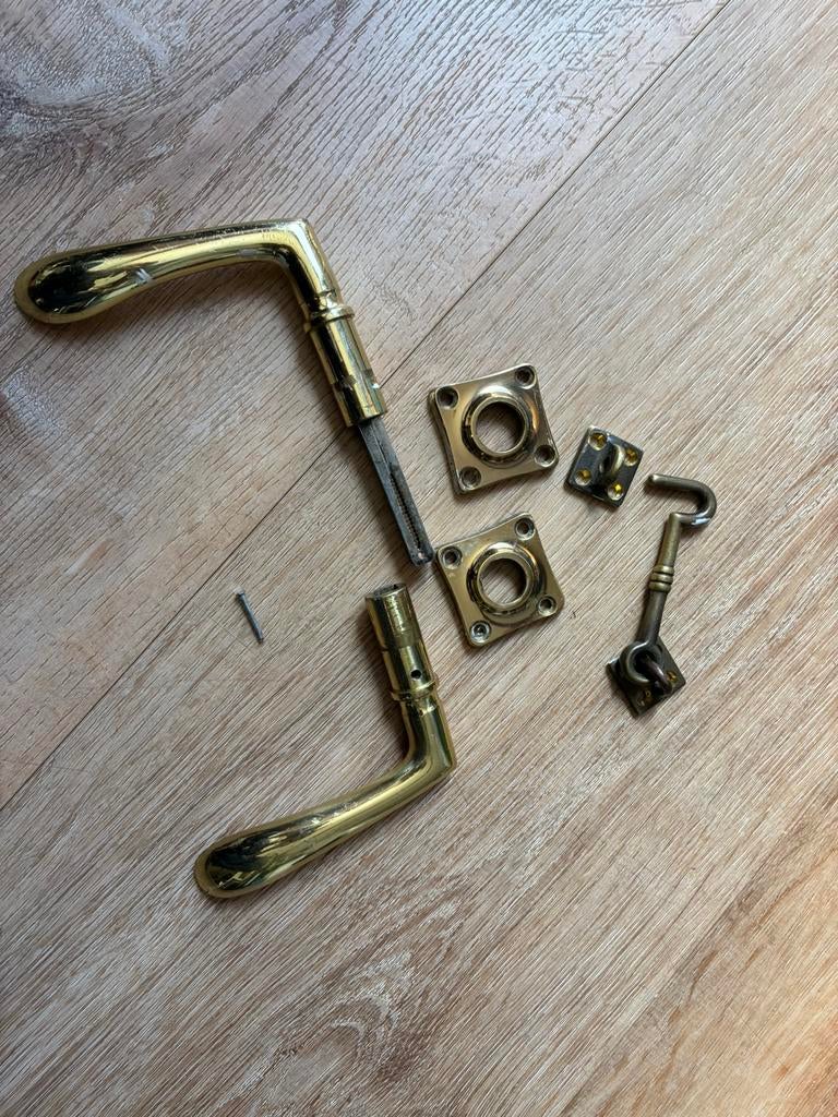Antiek deurklink met rozet messing deur klink kijk foto’s, Ophalen of Verzenden, Gebruikt