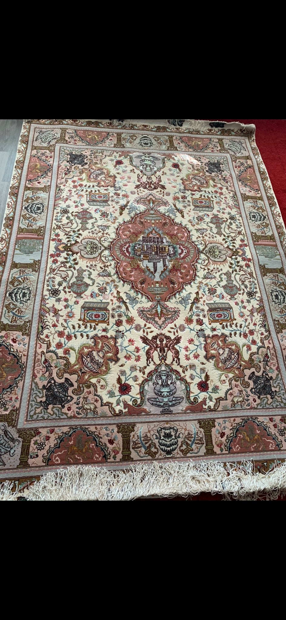 Prachtig Perzisch tapijt, handgeknoopt, zijde en wol, 100 tot 150 cm, Ophalen of Verzenden, Zo goed als nieuw, Crème