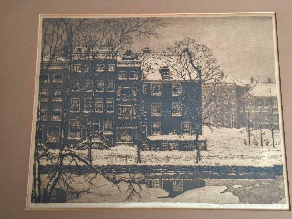 antieke ets Cornelis Brandenburg Reguliersgracht Amsterdam, Antiek en Kunst, Ets, Stadsgezicht, 47 cm, Ophalen of Verzenden