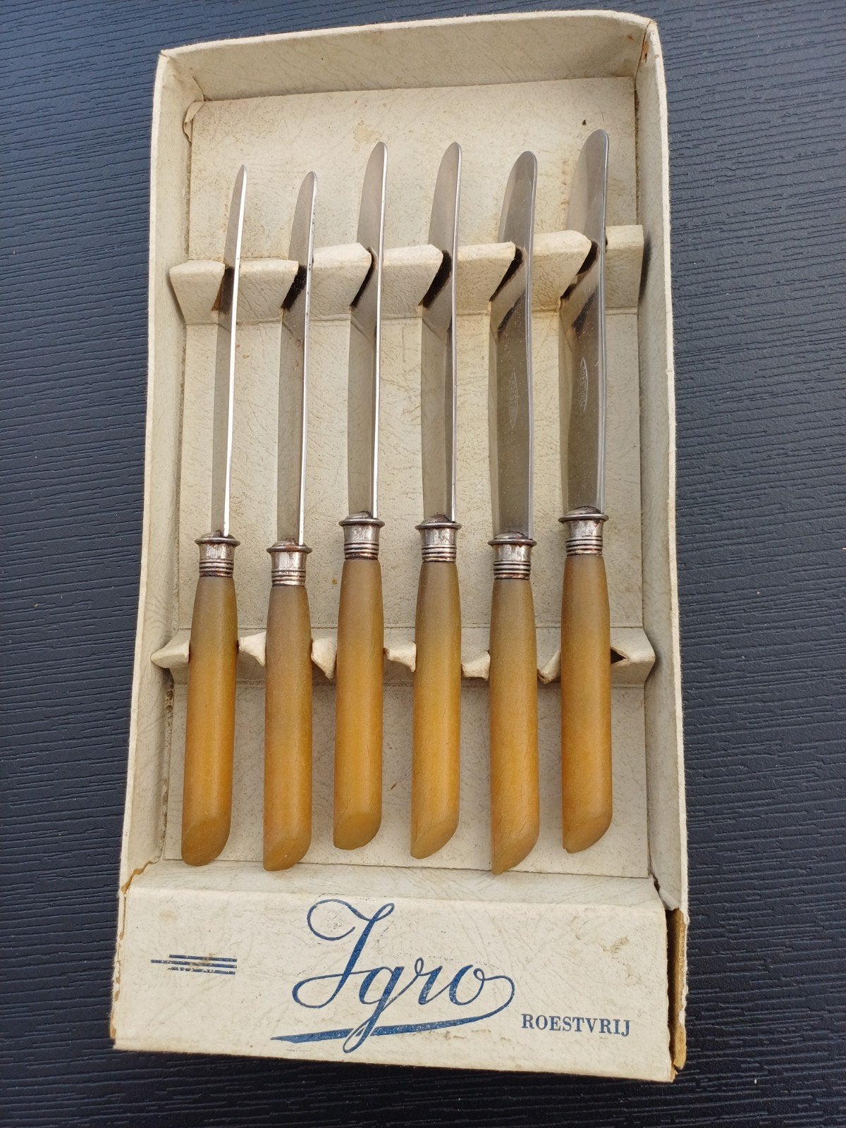 Set van 6 vintage Igro roestvrijstalen messen met doos, Ophalen of Verzenden