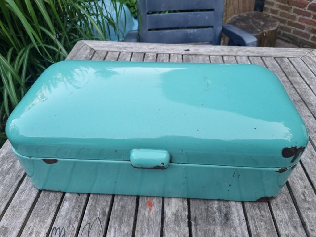 Vintage Broodtrommel Emaille Turquoise, Antiek en Kunst, Antiek | Emaille, Ophalen of Verzenden