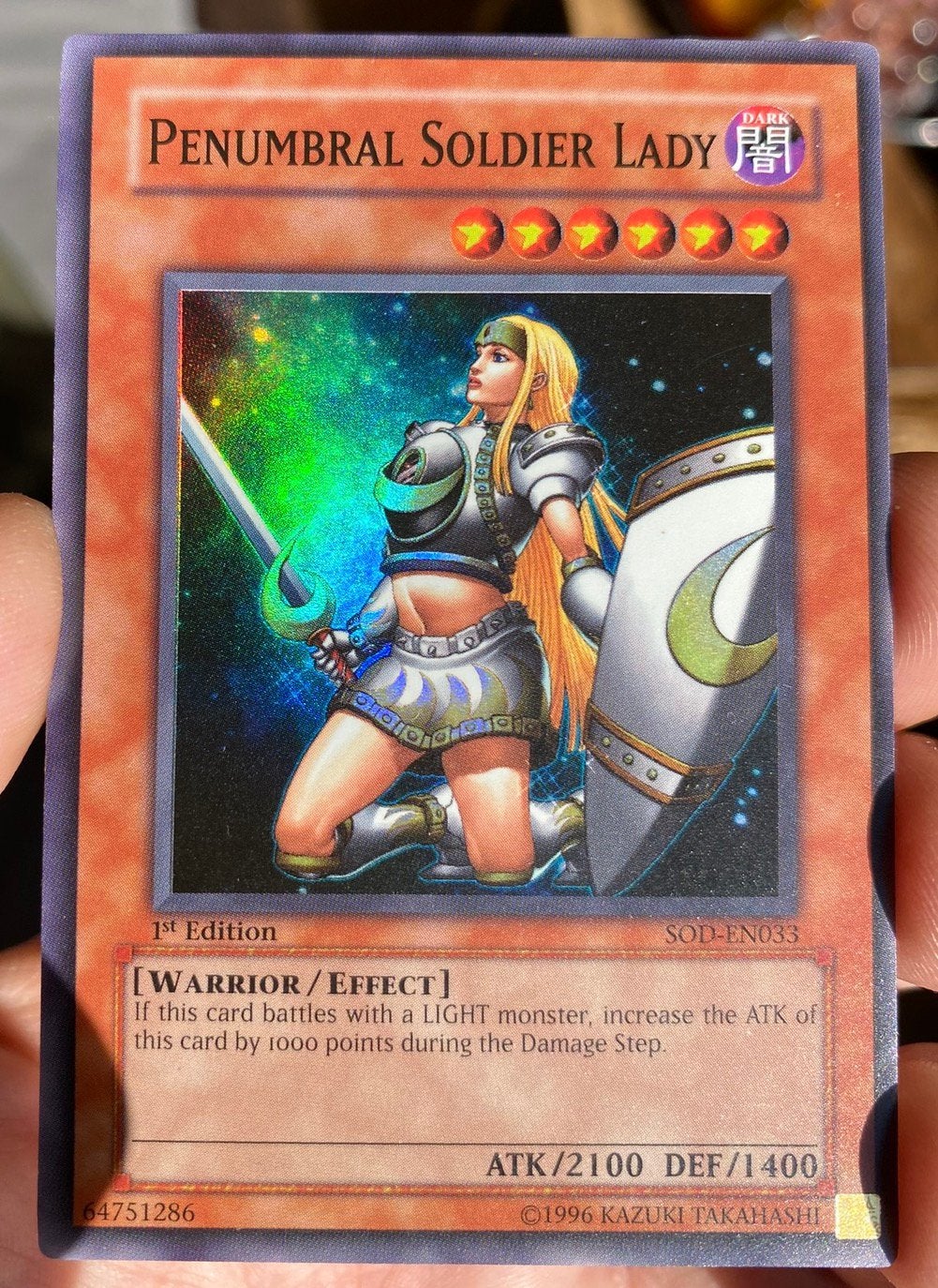Yu-Gi-Oh! Penumbral Soldier Lady SOD 1st Edition !, Ophalen of Verzenden, Zo goed als nieuw, Losse kaart, Foil