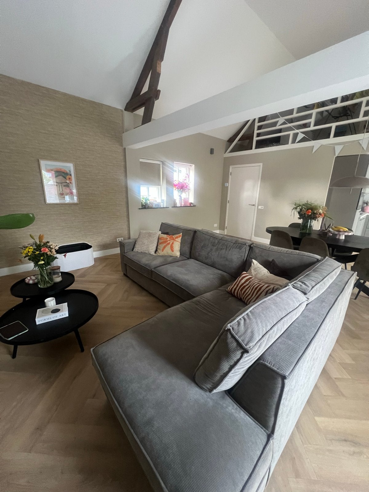 Moderne Hoekbank Grijs Ribstof, Huis en Inrichting, Banken | Bankstellen, Ophalen, 250 tot 300 cm, 100 tot 125 cm, Hoekbank
