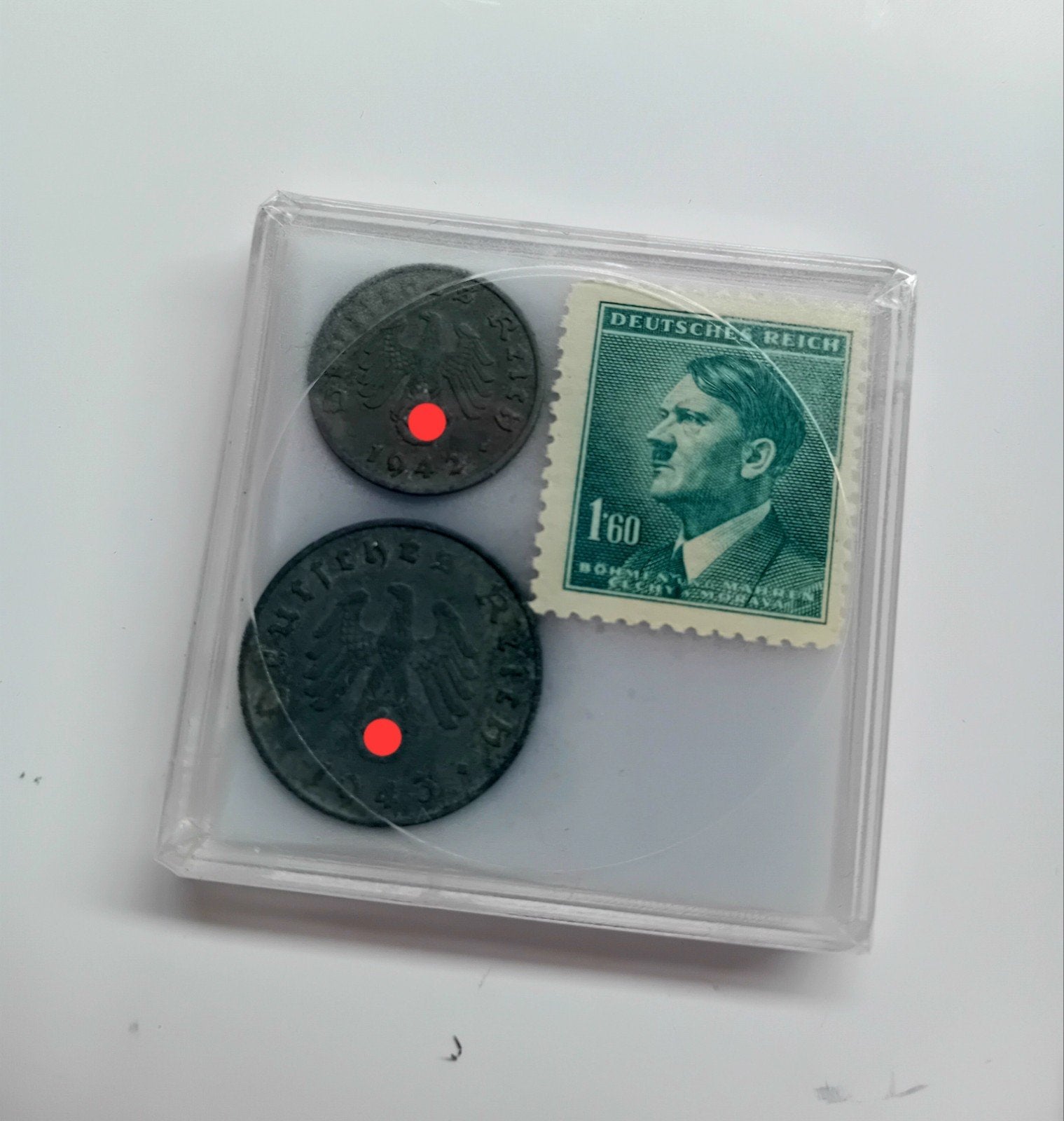 WO2 Set - 1 & 10 Reichspfennig Zink + Postzegel in Case, Postzegels en Munten, Ophalen of Verzenden, Duitsland, Setje
