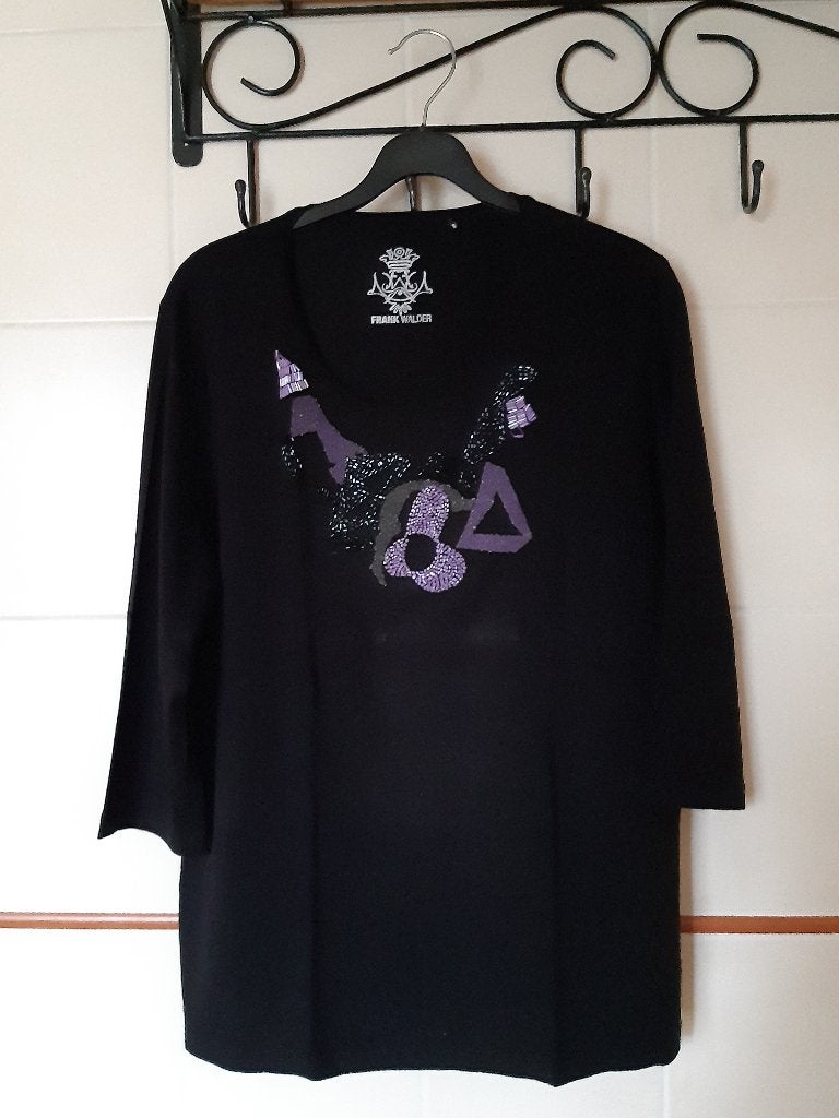 FRANK WALDER zwart damesshirt met applicatie, mt 42-44 (L)., Zwart, Maat 42/44 (L), Ophalen of Verzenden, Zo goed als nieuw