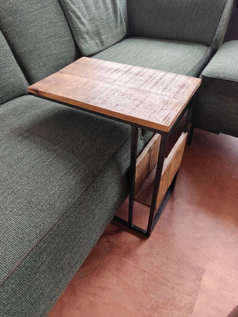 Bijzettafel mangohout, schuift over bank heen, Minder dan 55 cm, Gebruikt, Industrieel, Rechthoekig