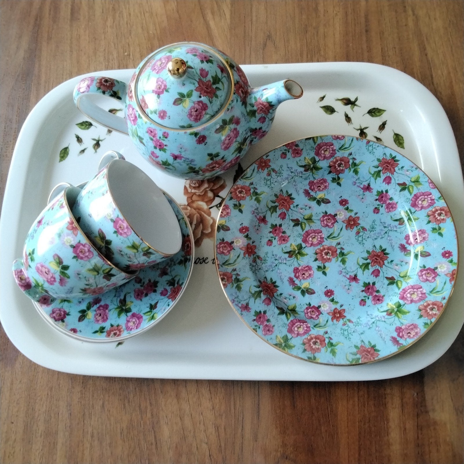 2 persoons gebloemd blauw ontbijtservies., Ophalen of Verzenden, Zo goed als nieuw, Porselein, Vintage