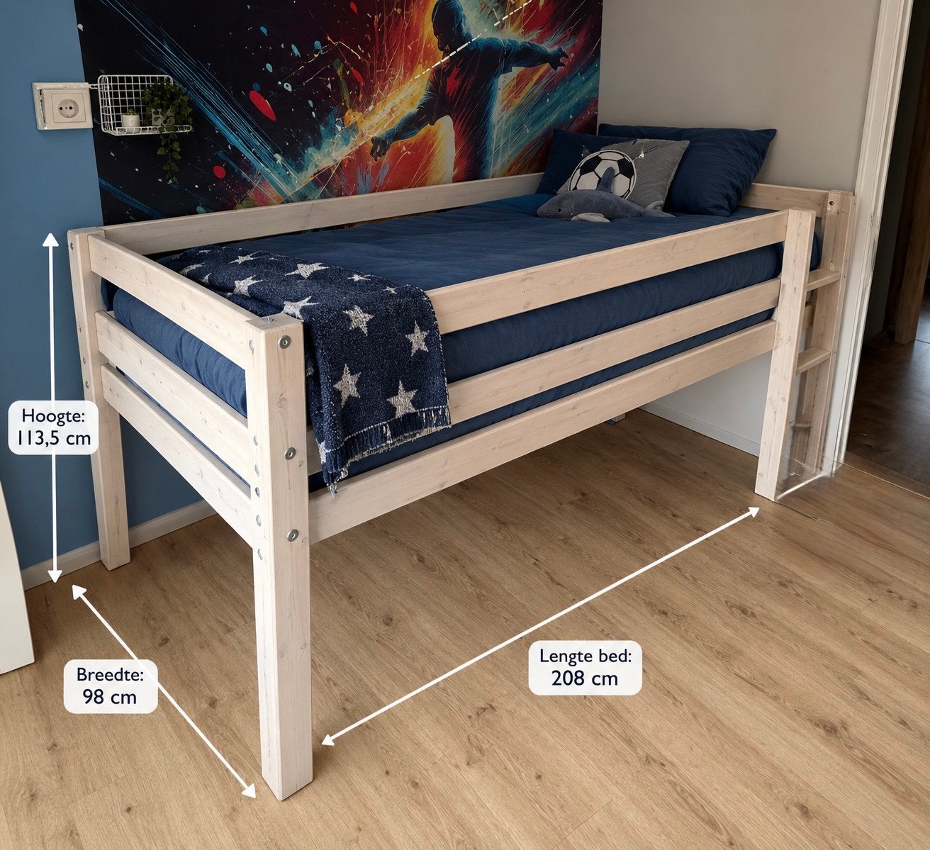 Stevige houten halfhoogslaper/ kinderbed 90x200 – opknapper, Ophalen, Gebruikt, Halfhoogslaper
