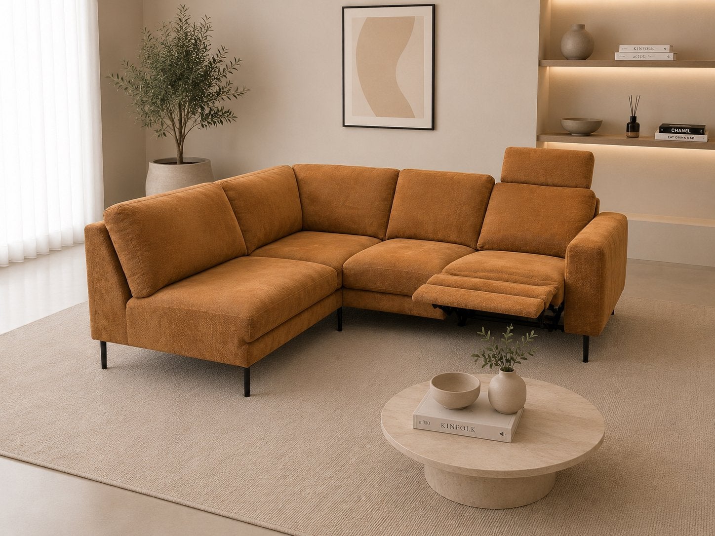 GRATIS LEVERING | HOEKBANK ELEKTRISCH CARAMEL | GEREINIGD, Elektrische bank, 250 tot 300 cm, Hoekbank, Ophalen of Verzenden