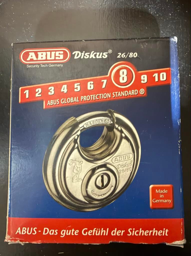 2x ABUS Diskus Hangsloten - Hardheid Klasse 8, Ophalen of Verzenden, Nieuw, Rvs, Slot
