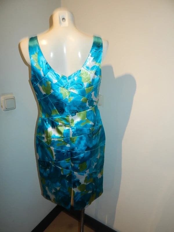 Joseph Ribkoff satijnen jurk bloemen turquoise stroken D40, Maat 38/40 (M), Joseph Ribkoff, Zo goed als nieuw, Knielengte