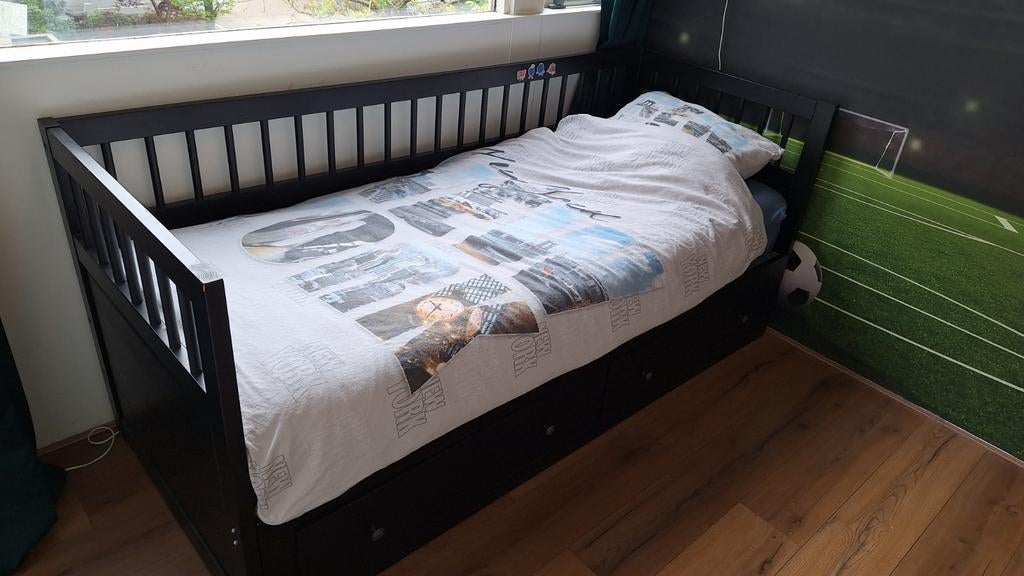 Ikea uitschuifbed met lades - Zwart, Ophalen, 90 cm, Eenpersoons, Zwart