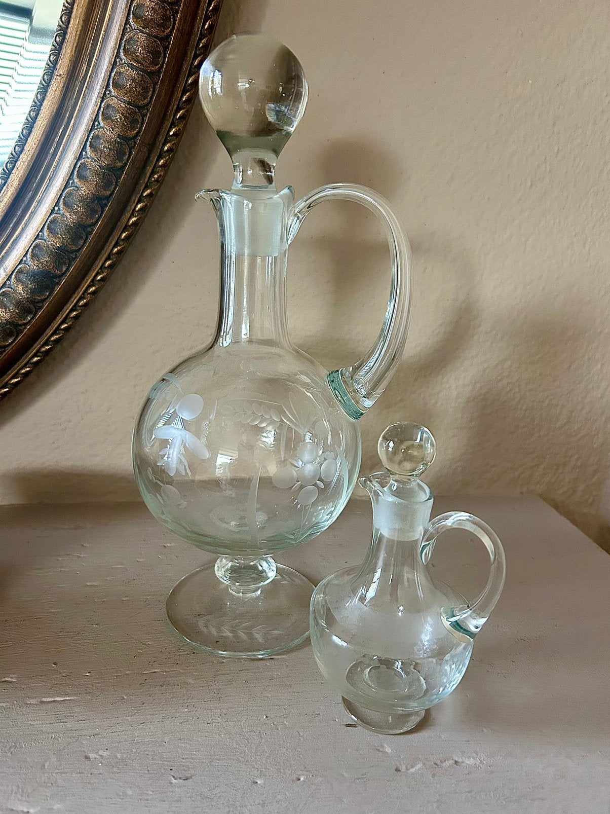 Vintage glazen karaffen set - wijnkaraf met bolle stop, Transparant, Met deksel, Ophalen of Verzenden, Glas