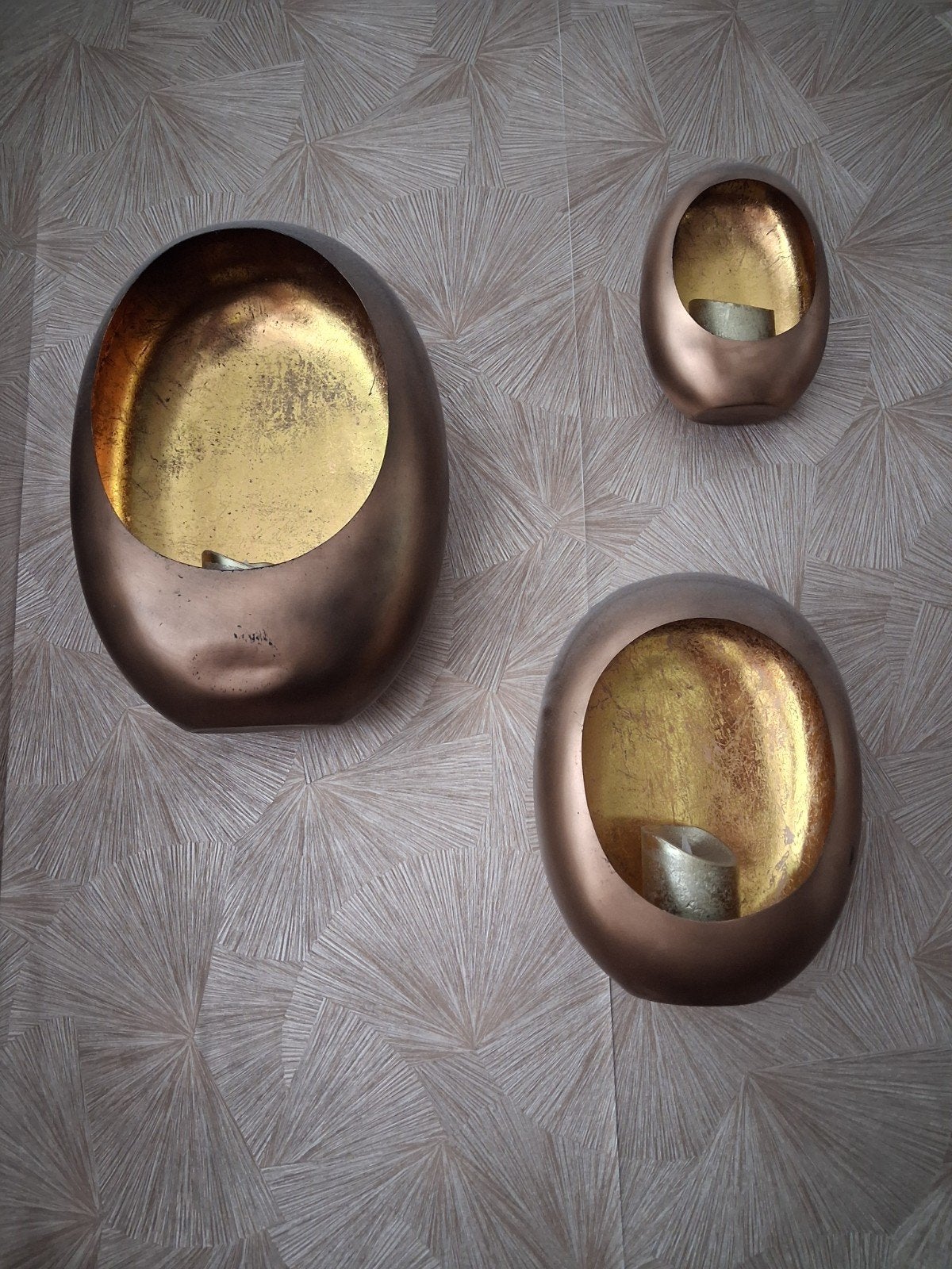3 maten richmond egg wand kandelaren, goud/brons, Ophalen of Verzenden, Zo goed als nieuw, Goud, Metaal