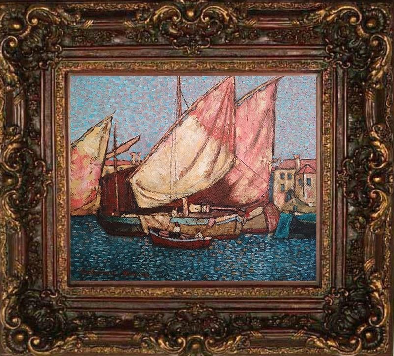 "Vissersboten in de haven" Schilderij, Antiek en Kunst, Kunst | Schilderijen | Klassiek, Verzenden